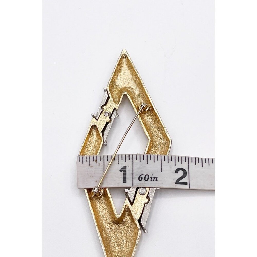 Vintage 80s Statement Brooch Modernist Diamond Shape 2-Tone Mixed Metal 4.75” - Picture 5 of 5